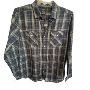 RVCA Men's Navy and White Plaid Button Down Shirt